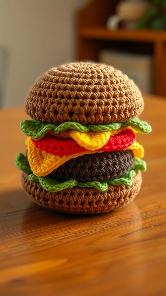 A vibrant crochet hamburger with yarn layers, displayed on a wooden table.